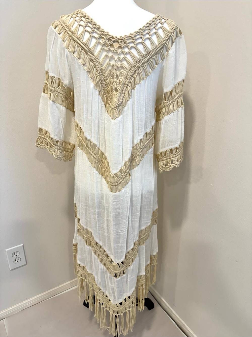 Dreamers Boho Crochet Fringe Longline Duster Cardigan Kimono Festival Beach M - Picture 4 of 9